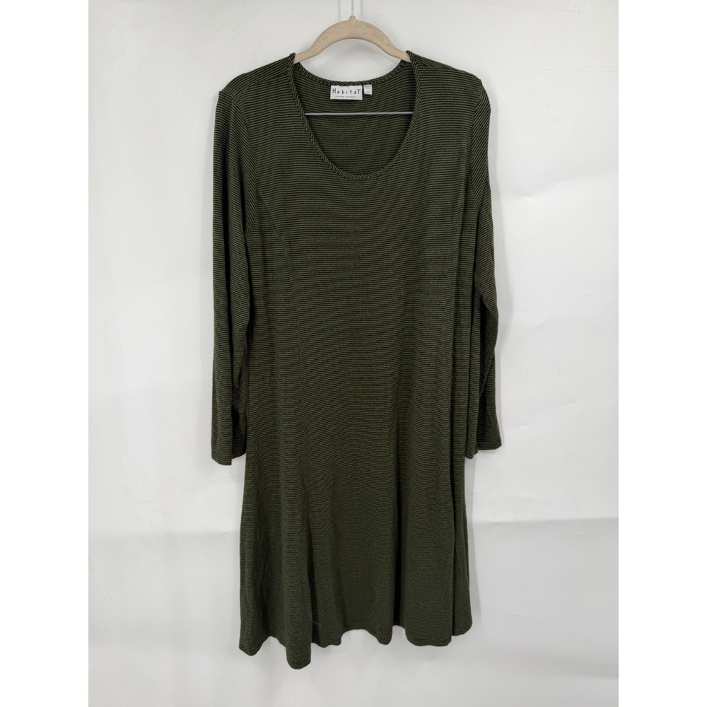 Habitat Dress Women L Green Black Striped Rayon Lagenlook Artsy Boho Minimalist